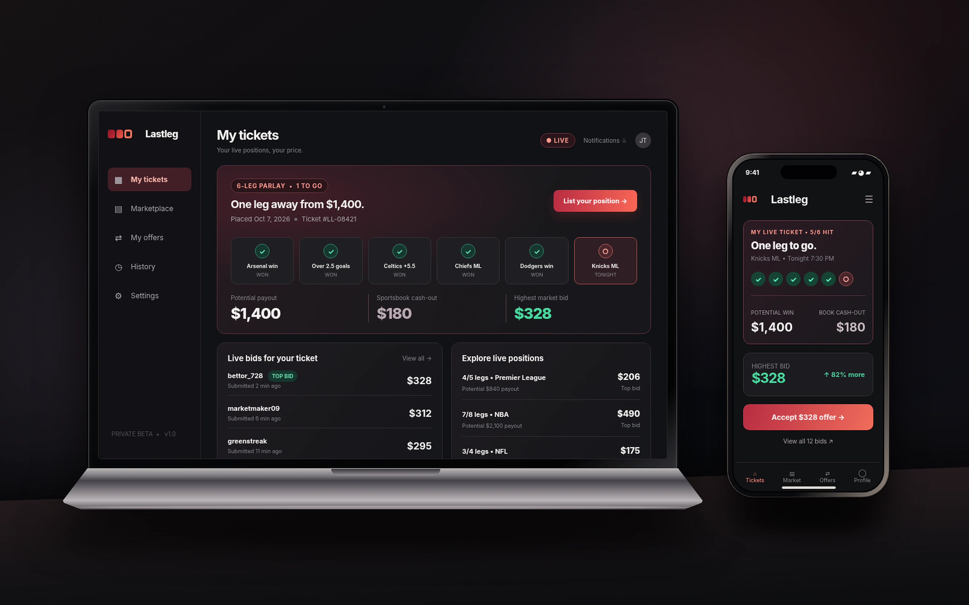 Lastleg on a laptop and phone: a six-leg parlay with five legs won, the sportsbook cash-out at $180 beside a top market bid of $328, and a list of live bids from other bettors